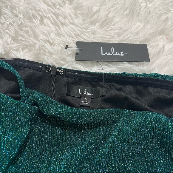 NWT LULUS Rise and Shine Teal Metallic One-Shoulder Twist-Front Mini Dress - Picture 4 of 9